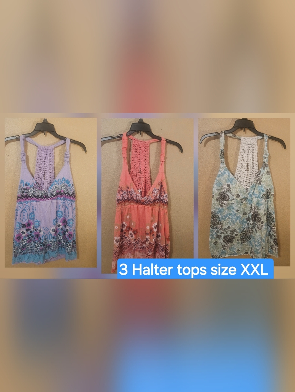 Womens XXL Halter Top Bundle (3) Boho Floral Summer Tanks Crochet Back